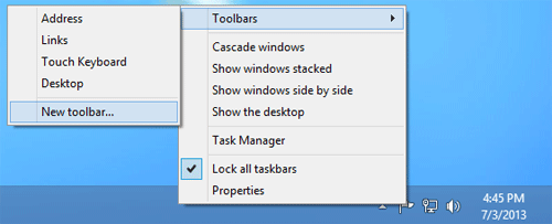 Windows 8 Taskbar, Toolbar Selections